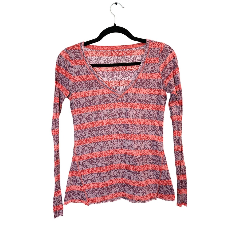 Free People XS Red Purple Striped Leopard Print V-Neck Long Sleeve Top USA Made
